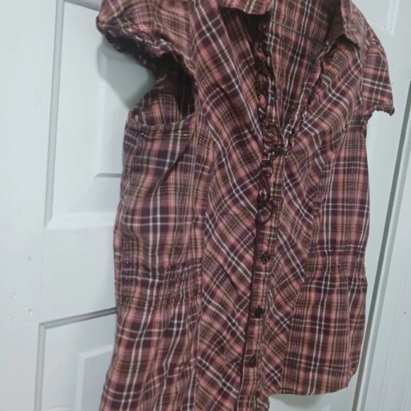 CATO Womans Large V-Neck Ruffle Edge Brown Stripe & Sparkle Blouse - Picture 3 of 6